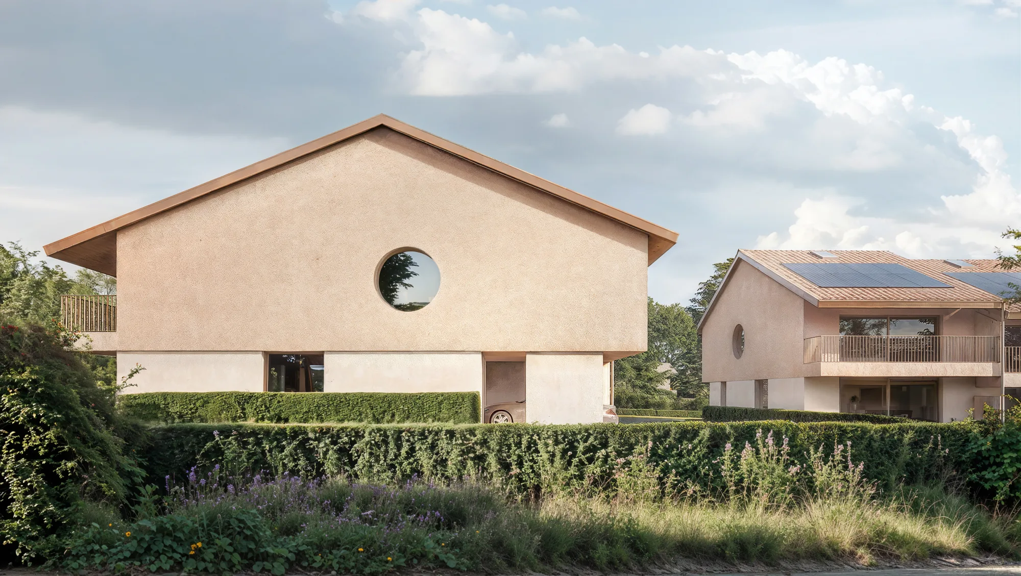 Pignon et œil-de-bœuf, façade en crépi minéral