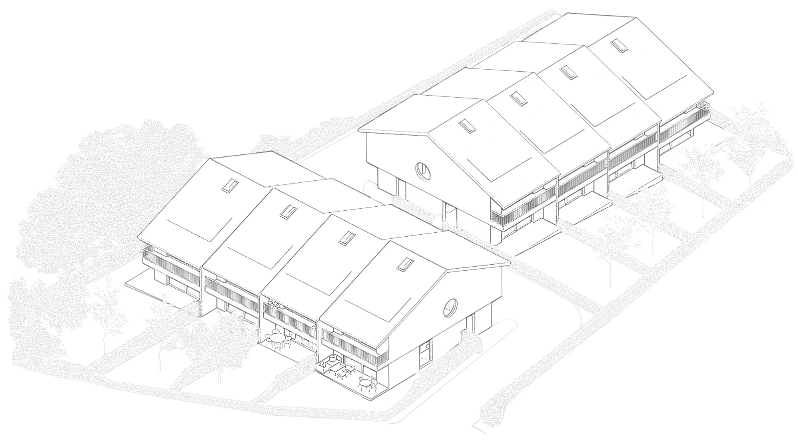 Vue axonométrique des 8 villas, groupes A et B